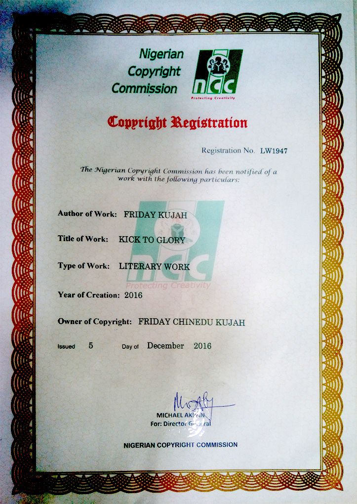 Kick To Glory copyright registration approval letter