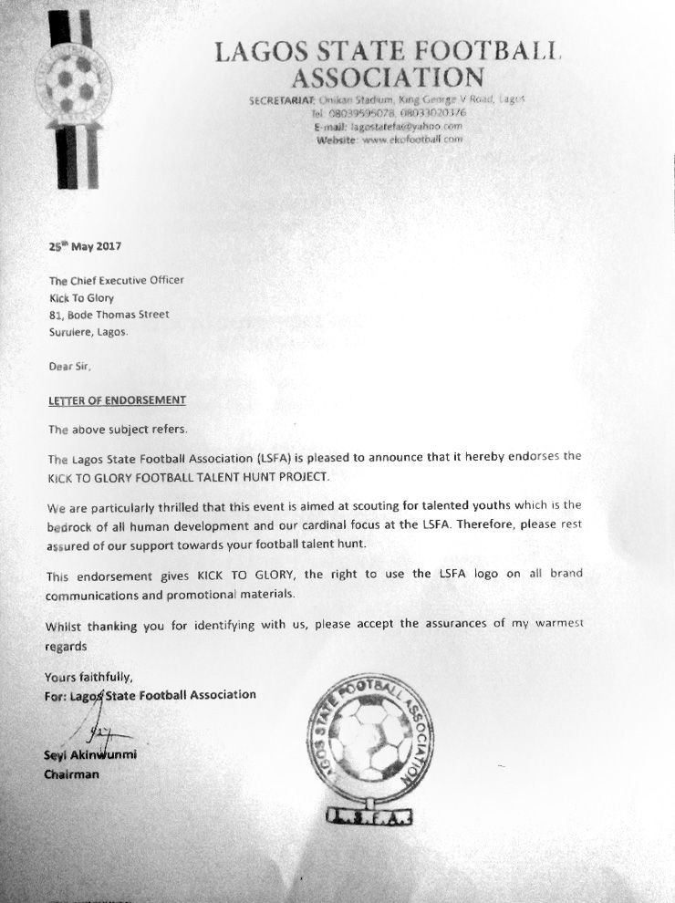 Kick To Glory endorsement letter from Lagos State Football Association