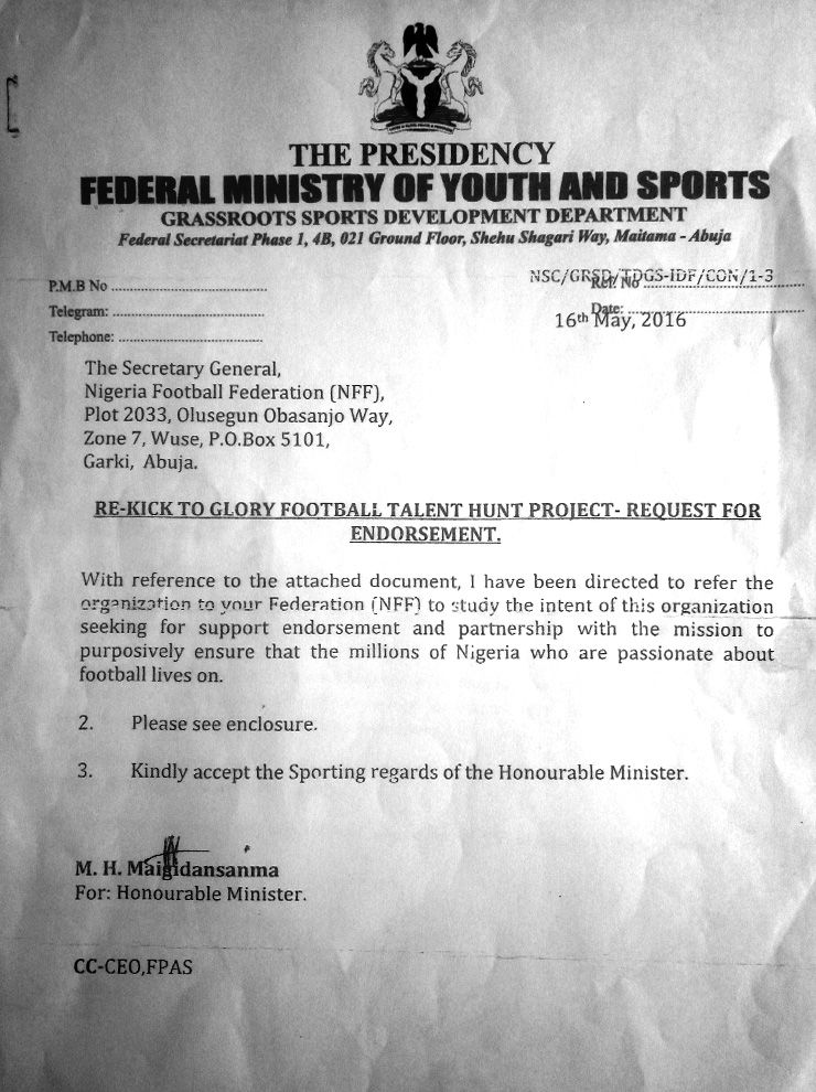 Kick To Glory approval letter from Ministry of Sports